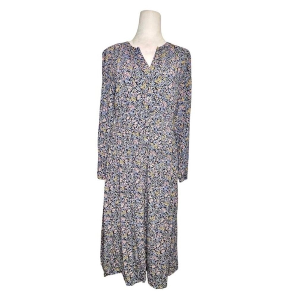 Whimsigoth 70s Cottage Ditsy Floral Smocked Waist Midi Dress Blue Yellow Medium